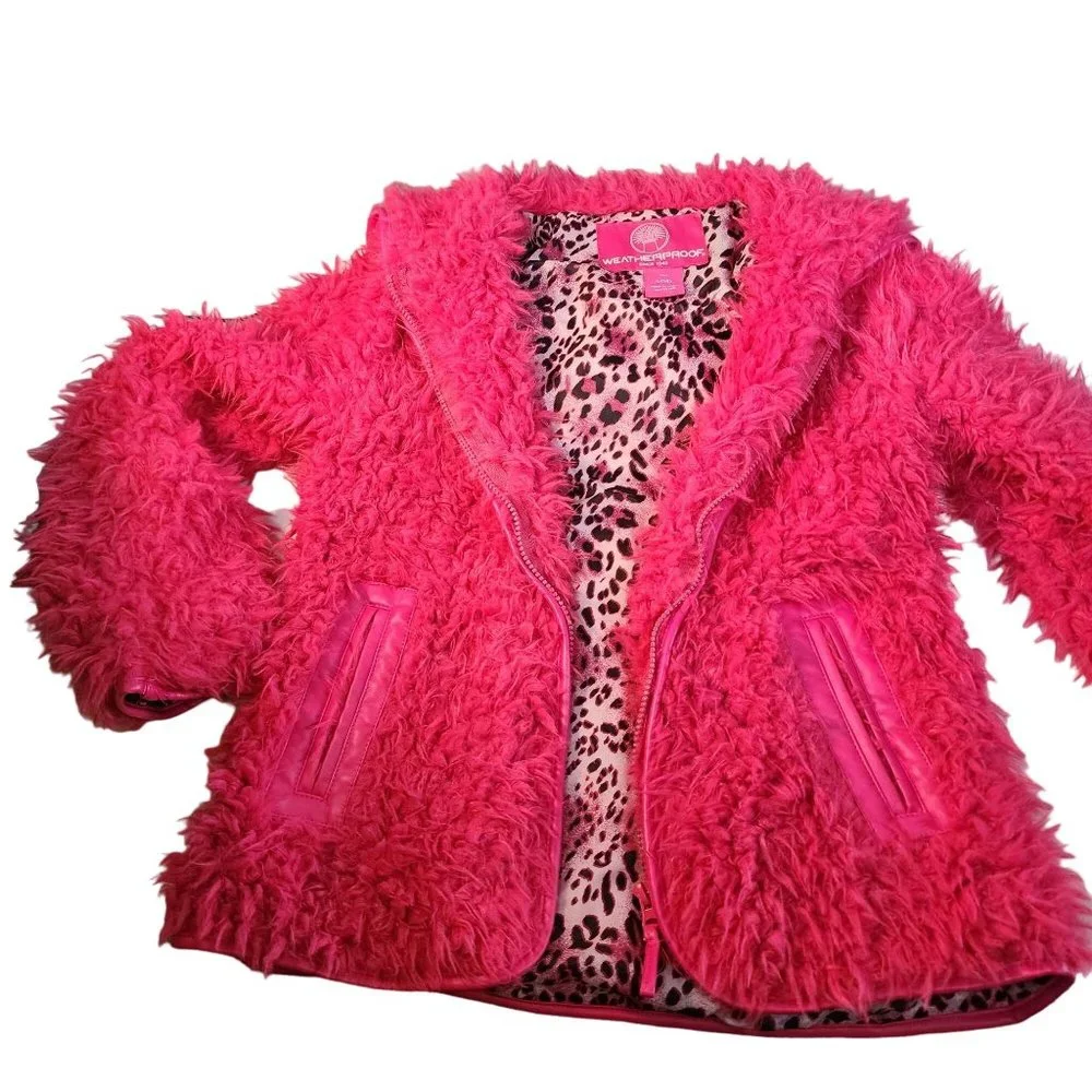Girls Large Hot Pink Fuzzy Hooded Zip Up Jacket‎ Cheetah Lining